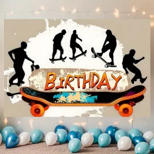 Skateboard Birthday Party Banner - Vibrant Polyester Backdrop with Silhouette Skaters, Orange & Black Theme, Perfect for Room, Wall, or Home Decor, Ideal for All Seasons, Birthday Party Decor|Dynamic Skateboarding Design|Polyester Banner, Skate Gift