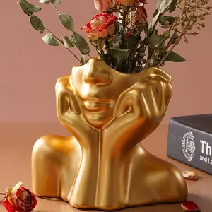 Small Flower Vase,Female Form Resin Body Face Art Vase Ideal for Table Shelf Decor,Face Planter Head Plant Pot Gold Modern Home 4.33''L x 2.75''W x 3.74'' H Ornaments Golden