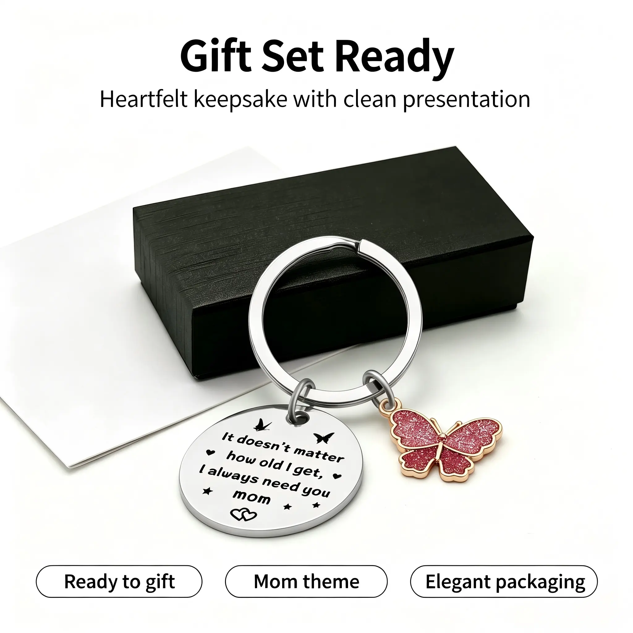 Charming Personalized Sentimental Butterfly Keychain for Mother, Engraved "I Always Need You Mom", Daily Gift for Mother's Day, Birthday from Daughter-Son, Heartfelt, Sentimental Keychain, Elegant, Mom Theme, Romantic, Ready To Gift, Stainless Steel, Meta