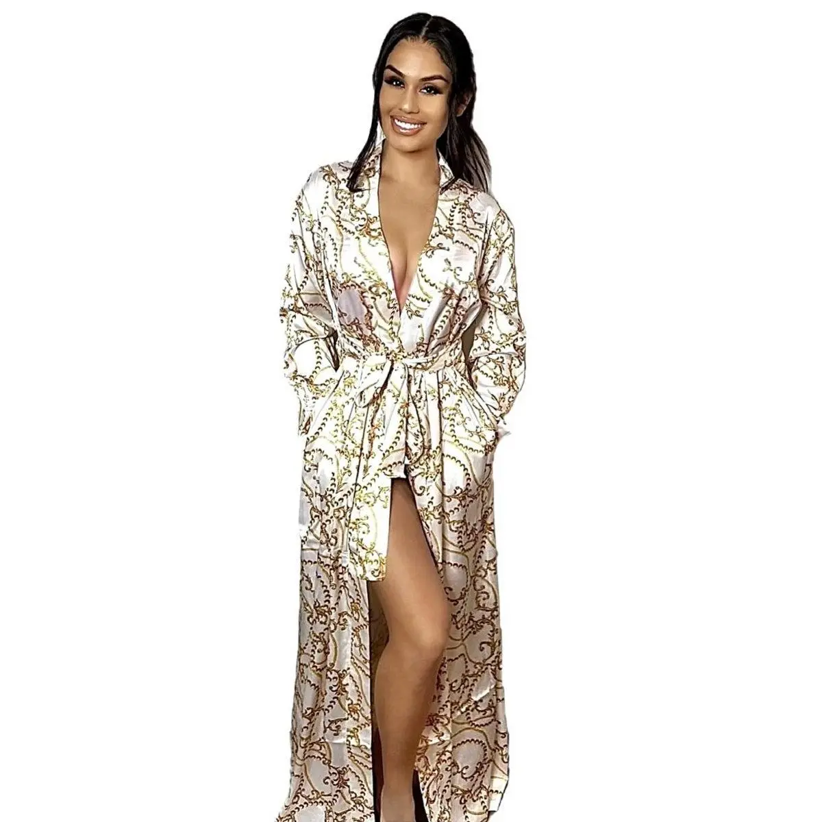 White & Gold Barocco Royalty Robe - Long, Stretchy Wrap Robe with pockets, Floor Length Duster Style Wrap Housecoat - Attached Belt