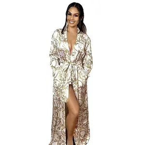 White & Gold Barocco Inspired Royalty Robe - Floor Length Duster Style Wrap Housecoat - Attached Belt