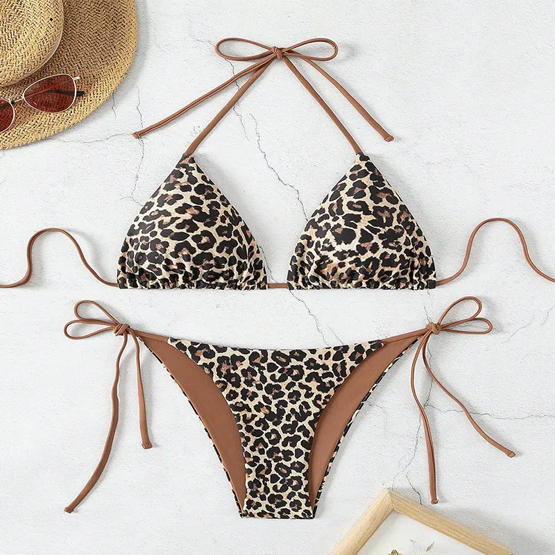 Women's Bikini Set in Pink and Black Animal Print, Sexy Lace-Up Triangle Top with Cheeky High-Cut Bottoms, Laces, Cheeky Bikini, Skimpy Bikini