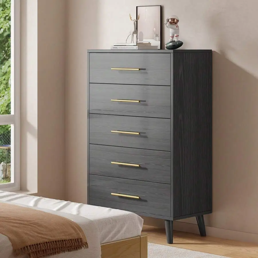 Sturdy Household Wood 5-Drawer Tall Chest of Drawers - Engineered MDF Organizer Dresser with Metal Handles, Plastic Sliding Rails, Mirrored Storage, Dressing Table Function, 12.5"d x 25"w x 8"h, 25kg+, Assembly Required for Organization Needs