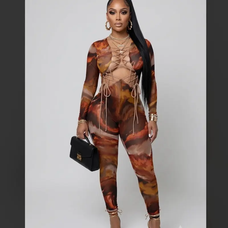 Gia Tie-Dye Stretch Hollow Lace-Up Skinny Jumpsuit