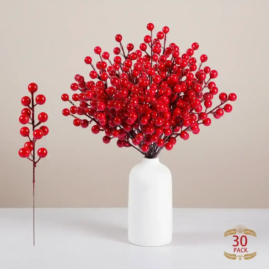 30 Packs Red Berry Stems, Artificial Holly Berries for Christmas Tree Picks Decorations Flower Wreath DIY Crafts Holiday and Home Festive Decor Decorative Flowers Ornaments