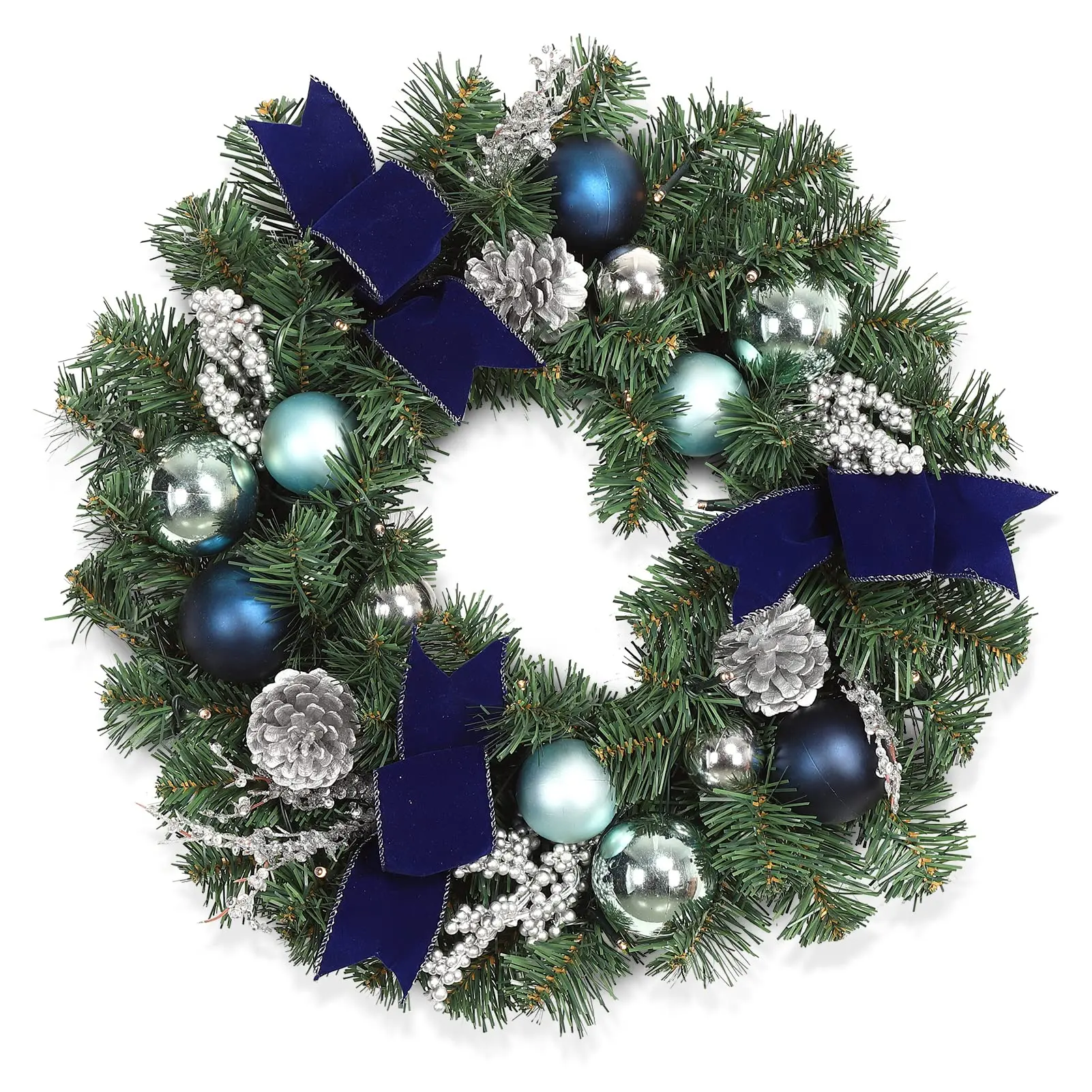 【GARVEE】Christmas Wreaths, 18 Inch Christmas Wreath for Front Door with 15 LED Lights, Pre-lit Christmas Decoration with Blue Bows Silver Leaves Ball Ornaments for Christmas Wall Window Decor