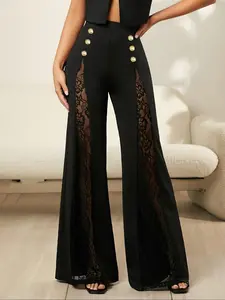 Women's Solid Color Knit Chic Fashion Pants, Decorative Buttons, Elegant Half-Transparent Lace Patchwork Wide Leg Bell Bottoms, Spring Summer