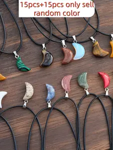 30-Piece Natural Stone Moon Pendant Necklace Set, Boho Style, DIY Jewelry Making, Easter & Birthday Gifts, 15 Pendants + 15 Chains