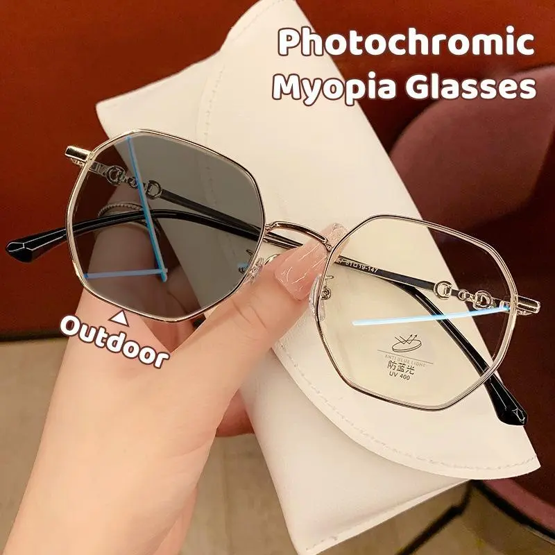 New Ultralight Vintage Polygon Myopia Eyewear Frames - Anti-Blue Light, Anti-Ultraviolet, Photochromic, Sun Protection Finished Near-Sight Glasses