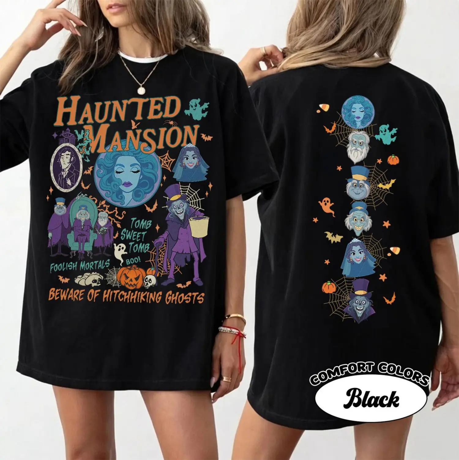 Men's Casual Festive Loose Oversize Round Neck Short-Sleeve The Haunted Mansion T-Shirt - Comfort Colors 2-Sided, Spooky Welcome Foolish Mortals 2026 Halloween Family Tee (Order 1 Size Up)