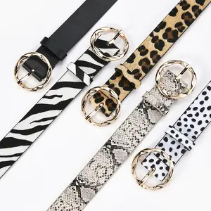 Women's Wide Waist Belt with Snake and Leopard Print Decoration, Irregular Round Buckle Leather Belt for Jeans