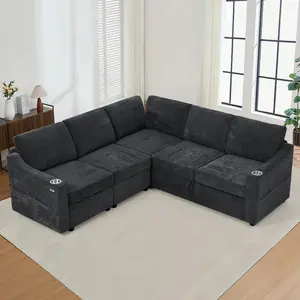 ACMEASE 84" Chenille  L-Shaped Sectional Sofa w/Adjustable Backrests, Convertible Corner Sofa w/USB Charging Ports, Modular Sleeper Couch with Pull-Out Bed & Storage Space for Living Room