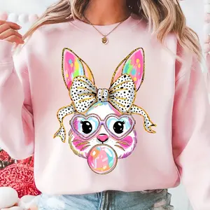 Women's Cute Easter Bunny Bubble-Blowing Bow T-shirt, Casual Round Neck Short Sleeve for Spring Festival And Holiday Wear