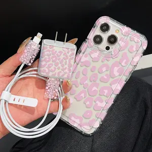 5 Piece Set Phone Case Kit, Transparent Leopard Pattern, Charger Protector & Cable Accessories for iPhone Models