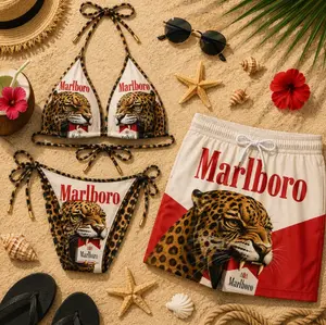 Marlboro Leopard Print Couple Swim Set – Women's Tie Side Bikini & Men's Board Shorts, Summer Beachwear Matching Outfit