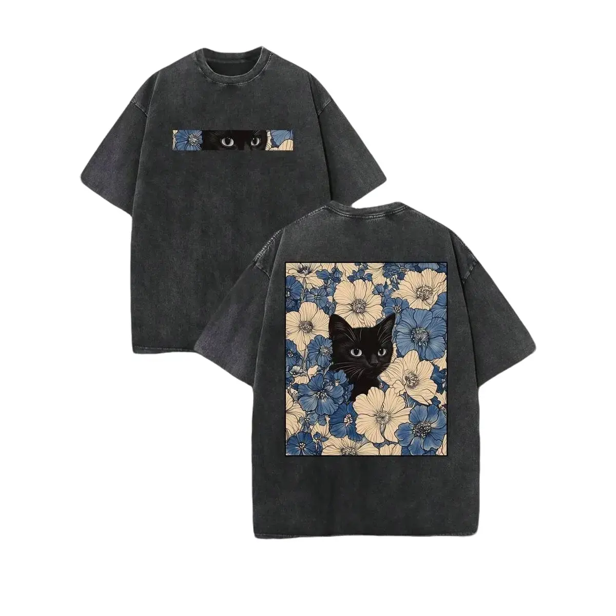 Vintage Washed Cotton Double Sided Black Cat Floral Graphic Oversized T Shirt, Aesthetic Cottagecore Flower Kitty Loose Casual Tee, Retro Art Print Unisex Top, Perfect Birthday Mother’s Day Gift For Cat Lover Women Teen Best Friend