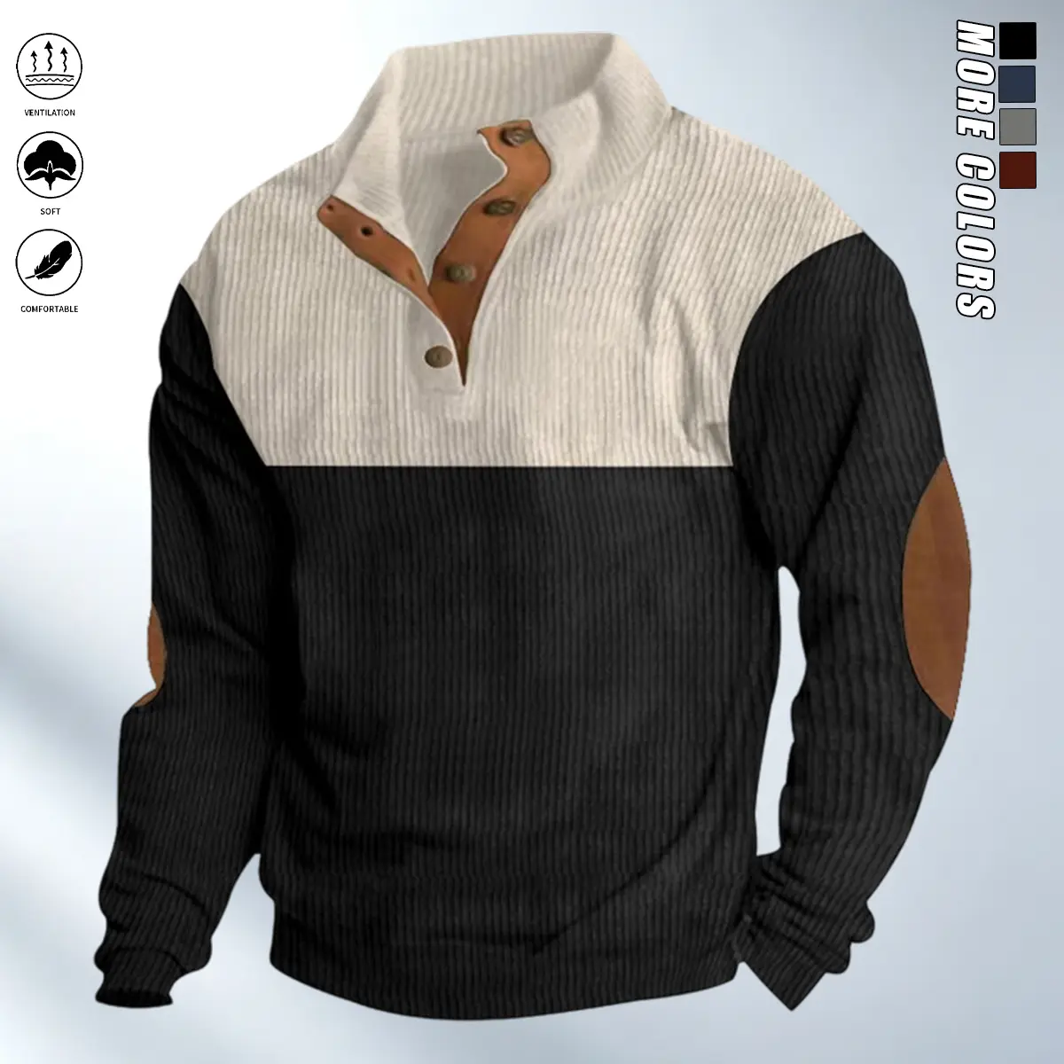 Men's Color-Block Design Casual Stand Collar Pullover - Ribbed Color-Block Patchwork, Thick and Warm Pullover, Half-Button Collar Design, Suitable for Daily Casual Fashion, Simple and Versatile for Outings and Commuting, Long-Sleeve Pullover