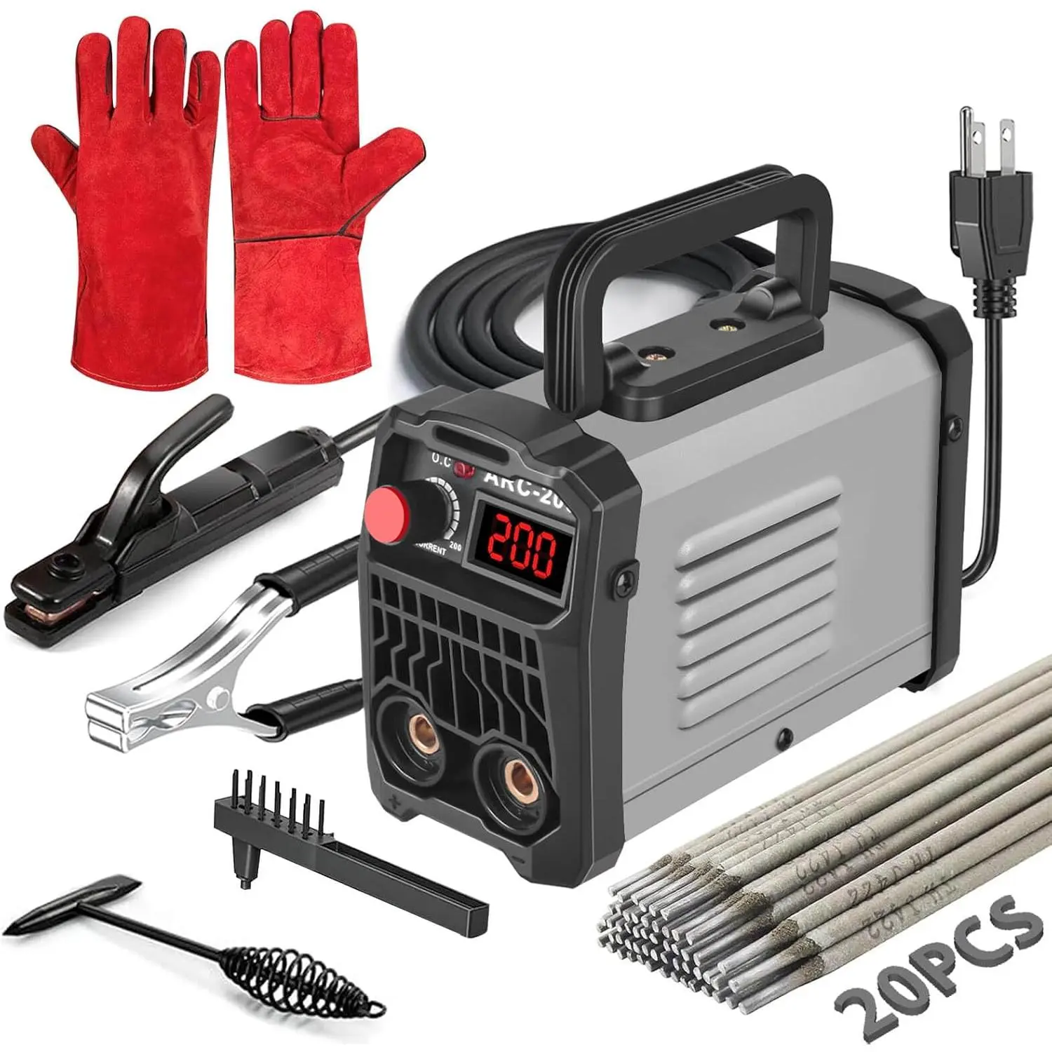 WrenchWizard 200Amp 20PCS Rods Stick Welder, Super MINI Portable Welding Machine, IGBT Inverter Welder Machine 110V with Hot Start Arc Force Anti-Stick, for 1/16"-1/8" Rod ARC Welder, Chip Hammers (Gray)Quesear