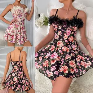 Sexy Lingerie For Women Flower Babydoll Sleepwear Underwear Nightgown Slip Dress Set