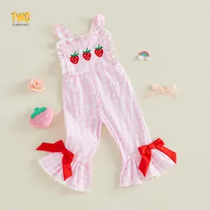 Toddler Girls Romper Jumpsuit Sleeveless Cute Plaid Strawberry Embroidery Bell Bottom Overalls Kids Summer Clothes