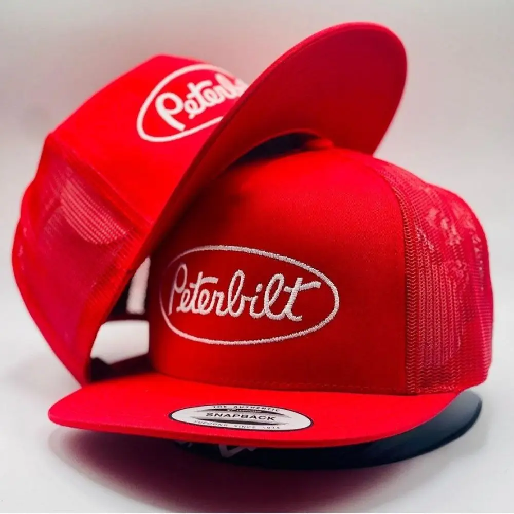 Full Red Peterbilt Embroidery Trucker Hat Cap Flat Bill Embroidered for Mens Hat Baseball Cap Gorra Red