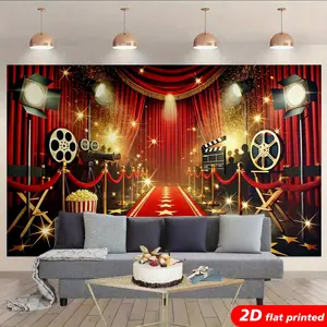 2D Flat Printed Hollywood Red Carpet Tapestry Wall Hanging - Polyester Movie Night Film Clapper Decor, Curtain Backdrop for Aesthetic Home Room, Photo Booth Studio Prop, Ideal Gift
