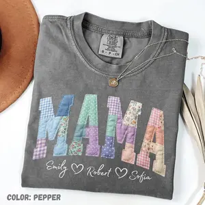 Comfort Colors "FAUX Patchwork" Floral Mama Shirt,Faux Embroidered Mom Shirt,Varsity Mom Tee,Patchwork Mama Shirt,Cottagecore Floral Mom Gift