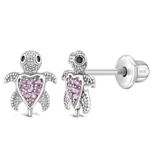 Adorable Turtle Kids / Children's / Girls Earrings Screw Back Cubic Zirconia - Sterling Silver