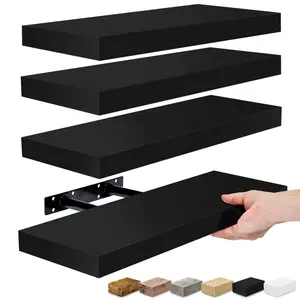 Bosniik Black 15.7inch Floating Shelves 4 Sets with Invisible Brackets for Bedroom Bathroom Kitchen Living Room Decor Artificial Wood Frosted Surface 20 lb Capacity Easy Assembly Wooden