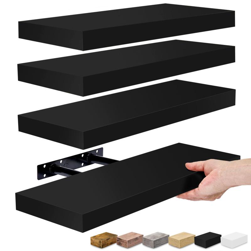 Bosniik Black 15.7inch Floating Shelves 4 Sets with Invisible Brackets for Bedroom Bathroom Kitchen Living Room Decor Artificial Wood Frosted Surface 20 lb Capacity Easy Assembly Wooden