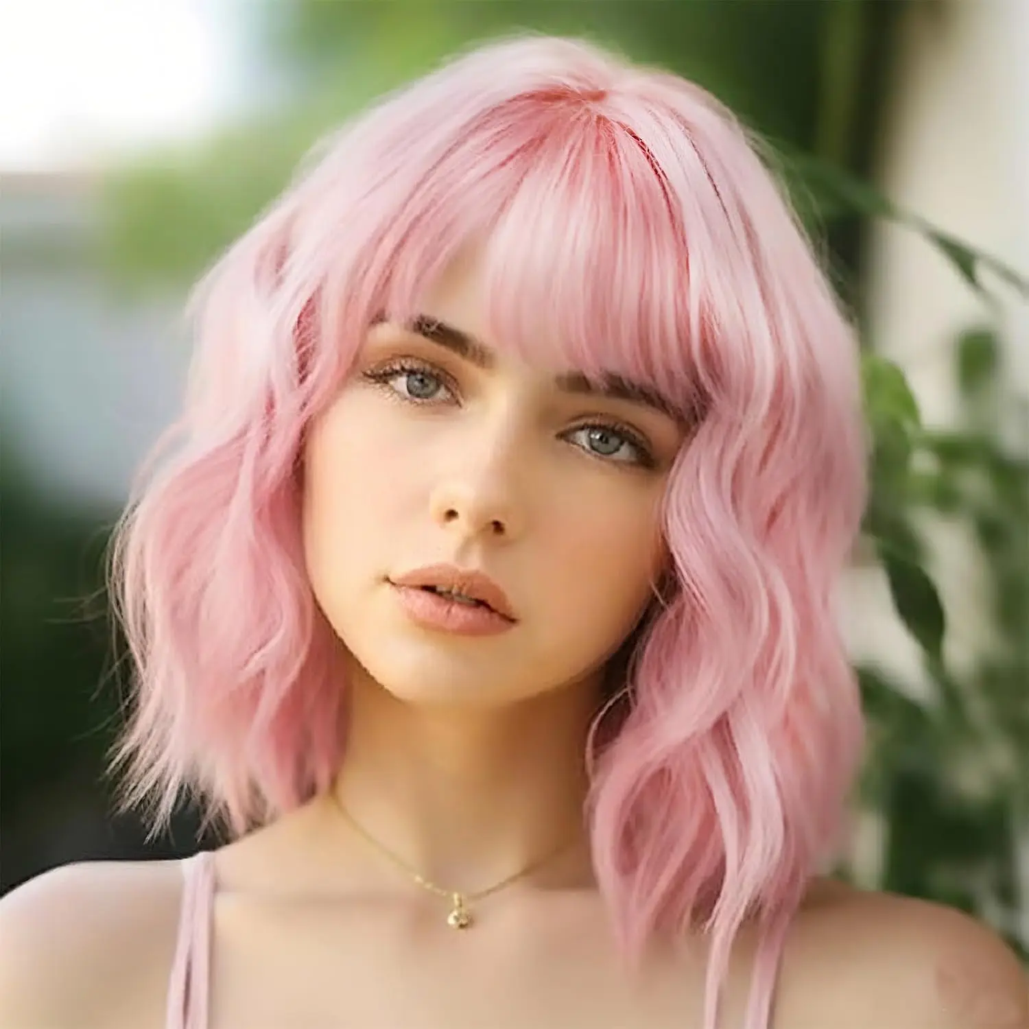 Women's 14 in Pink Short Wavy Bob Synthetic Wig with Bangs, Colorful Soft Wig for Daily Wear, Halloween Cosplay (Festive & Party Supplies)
