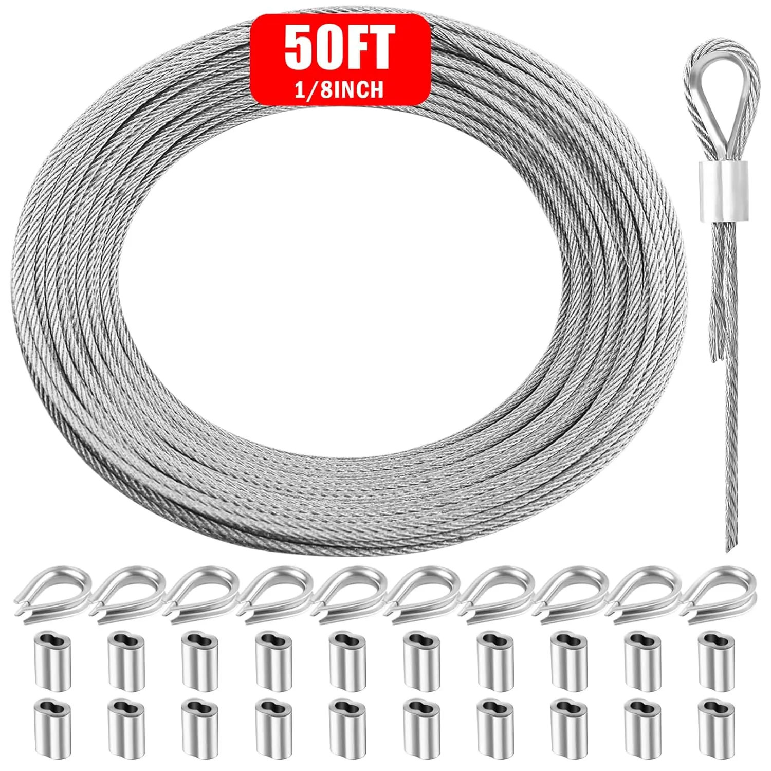 Metal Wire 1/8 inch Carbon Steel Galvanized  50FT Length Aircraft  7x7 Strand Core Picture Hanging Wire with 10 count Thimbles and 20 count  Sleeves