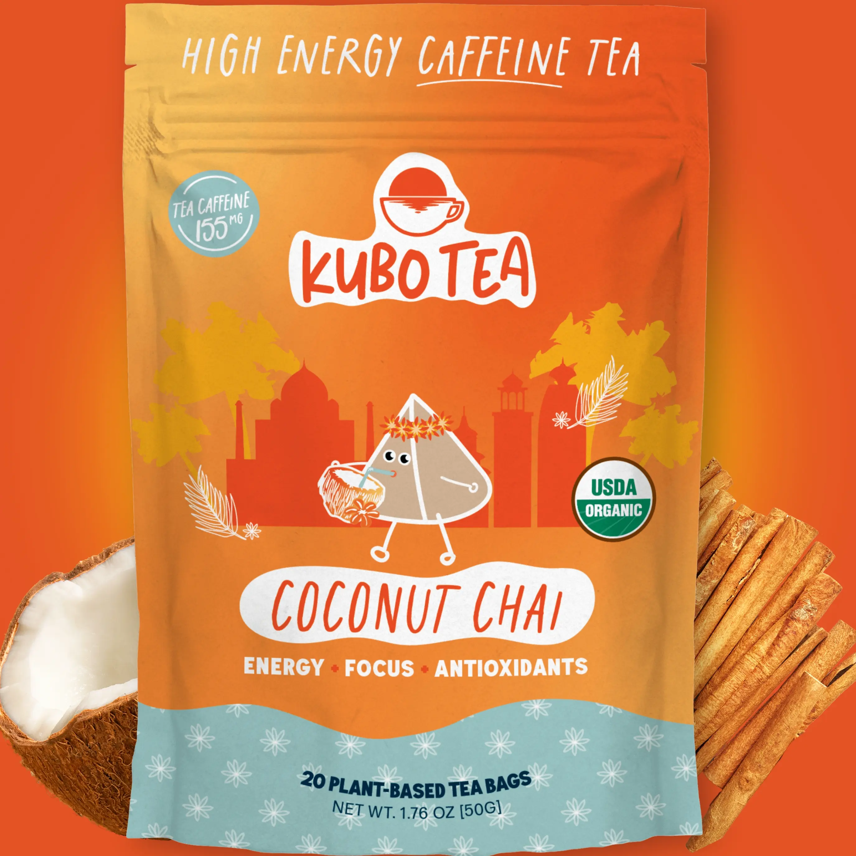 Kubo Tea: Organic Coconut Chai Black Tea | High Caffeine Tea (155 mg) | Healthy Coffee Substitute | Spiced Caffeine Beverage | 20 Ct | Compostable Packaging