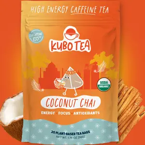 Kubo Tea: Organic Coconut Chai Black Tea | High Caffeine Tea (155 mg) | Healthy Coffee Substitute | Spiced Caffeine Beverage | 20 Ct | Compostable Packaging
