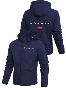 Men's Norway Flag Printed Outdoor Fleece Jacket, Spring & Fall Casual Slim Fit Hooded Coat, Windproof Waterproof North European Style Outerwear, Long Sleeve
