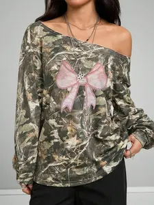 Women's Camo Asymmetrical Neck Off-Shoulder Sweatshirt, Bowknot Print, Casual Loose Fit Long Sleeve Top for Spring & Fall