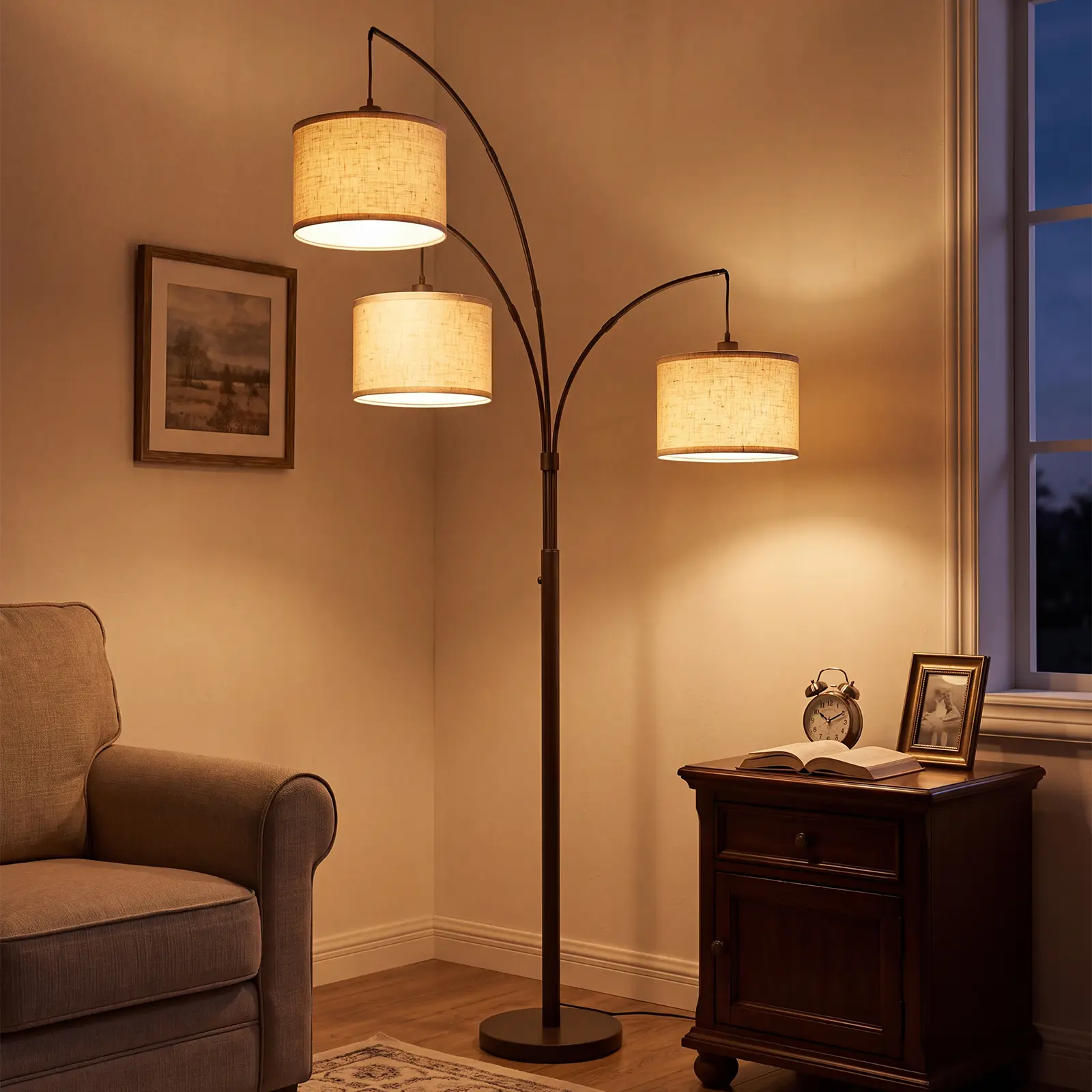 Hoodink Dimmable Floor Lamp - 3 Lights Arc Floor Lamps for Living Room, 1000LM Modern Tall Standing Lamp With Beige Shades & Heavy Base, Mid Century Tree Floor Lamp for Bedroom Office, 3 LED 6W Bulbs Included, LED Bulbs Only
