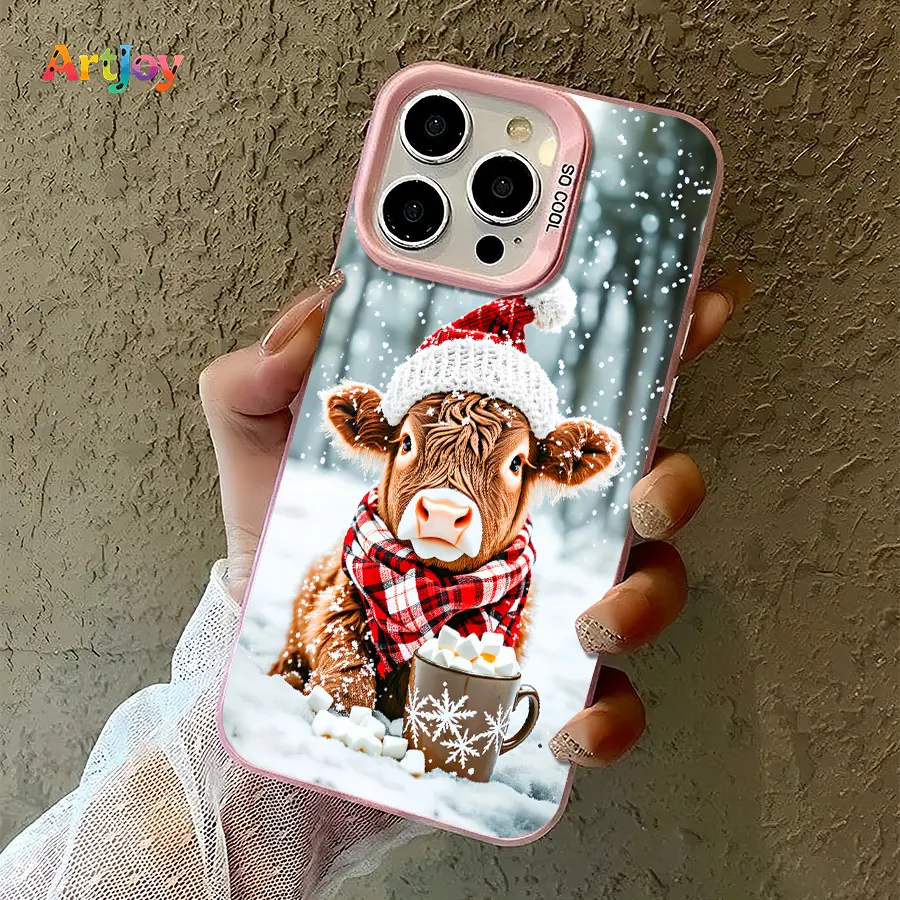 Shockproof Phone Case With Print of Highland Cow Wearing Christmas Hat & Plaid Scarf With Hot Cocoa In Snow Scene, Trendy Versatile Protective Cover, Compatible For Iphone17 Pro Max,16,15,14,13, And 16Plus. It Makes A Perfect Gift For Birthdays, Holidays