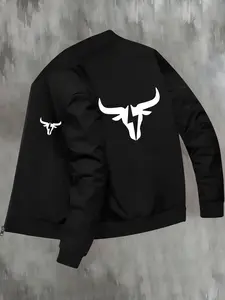 Men's Fashion Stand Collar Jacket with Bull Head Print, Casual Fashionable Jacket, Casual Fall Winter Fitted Mixed Fabric Coat, Pocketed, Slight Stretch, Must-Have, Coat with Pockets