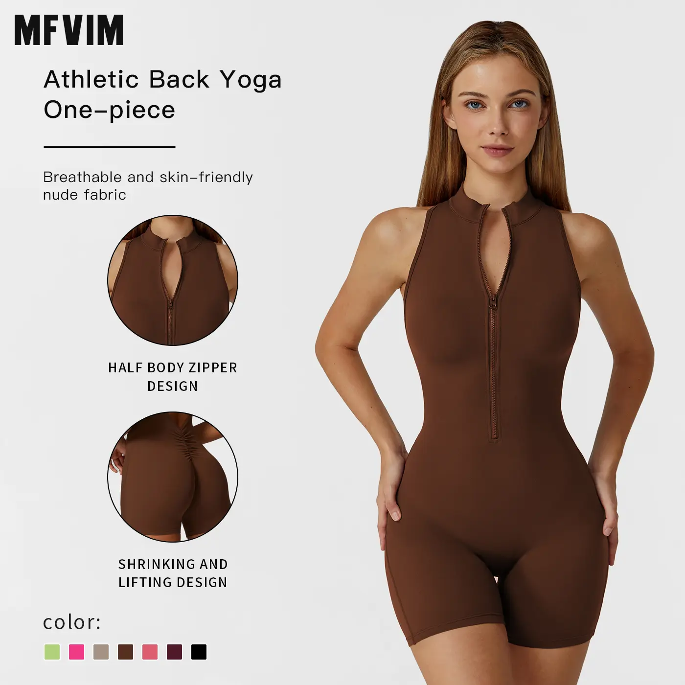 MFVIM Women's Sporty Solid Color Jumpsuit - Workout Apparel, Short Bodysuit with Half-Body Zipper, 2025 Breathable Shrink-and-Lift Stretch Fabric, Stretchable Activewear for Gym Yoga, Clothes for Women,summerwins,travel essentials,camping essentials
