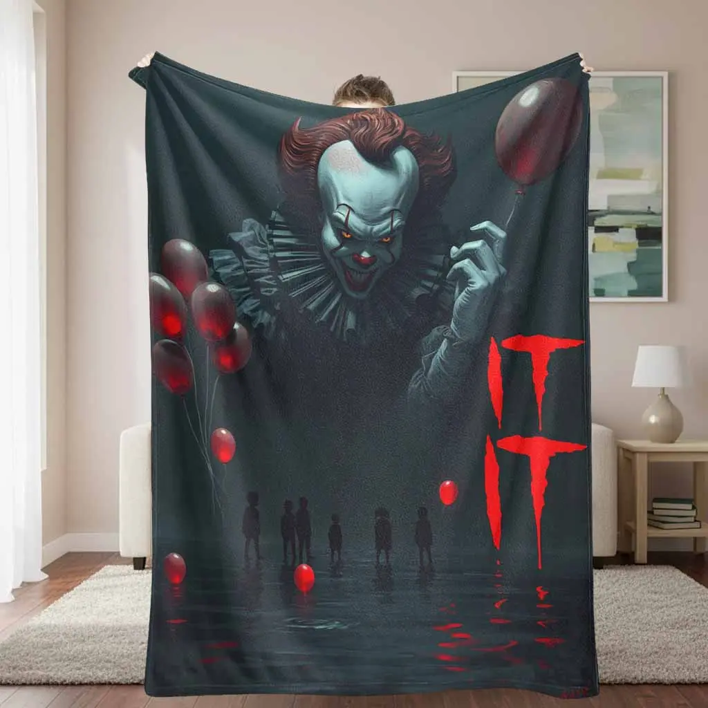 Pennywise Cartoon Face Graphic Flannel Blanket - Multi-Size (32x48 in), Wrinkle-Resistant, Anti-Pilling, Bold Graphic Print, Creepy Clown Balloons, Halloween Aesthetic, Horror Movie Blanket for Home/Camping, Gift for Enthusiasts