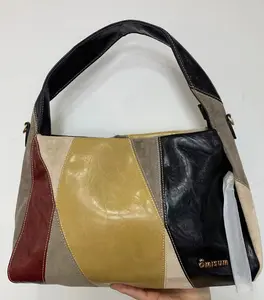 European and American fashion women's vintage patchwork handbag, stylish color-block tote bag, casual large bag