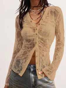 Elegant Feminine Floral Contrast Lace Shirt, Slim-Fitting Vintage Style, Long Sleeve, Micro-Transparent, Perfect for Spring & Summer, Blouse, Womenswear