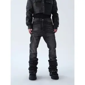 New men’s loose straight-leg pants with a splashed ink print for streetwear; men’s high-quality, fashionable solid-color denim pants—spring collection