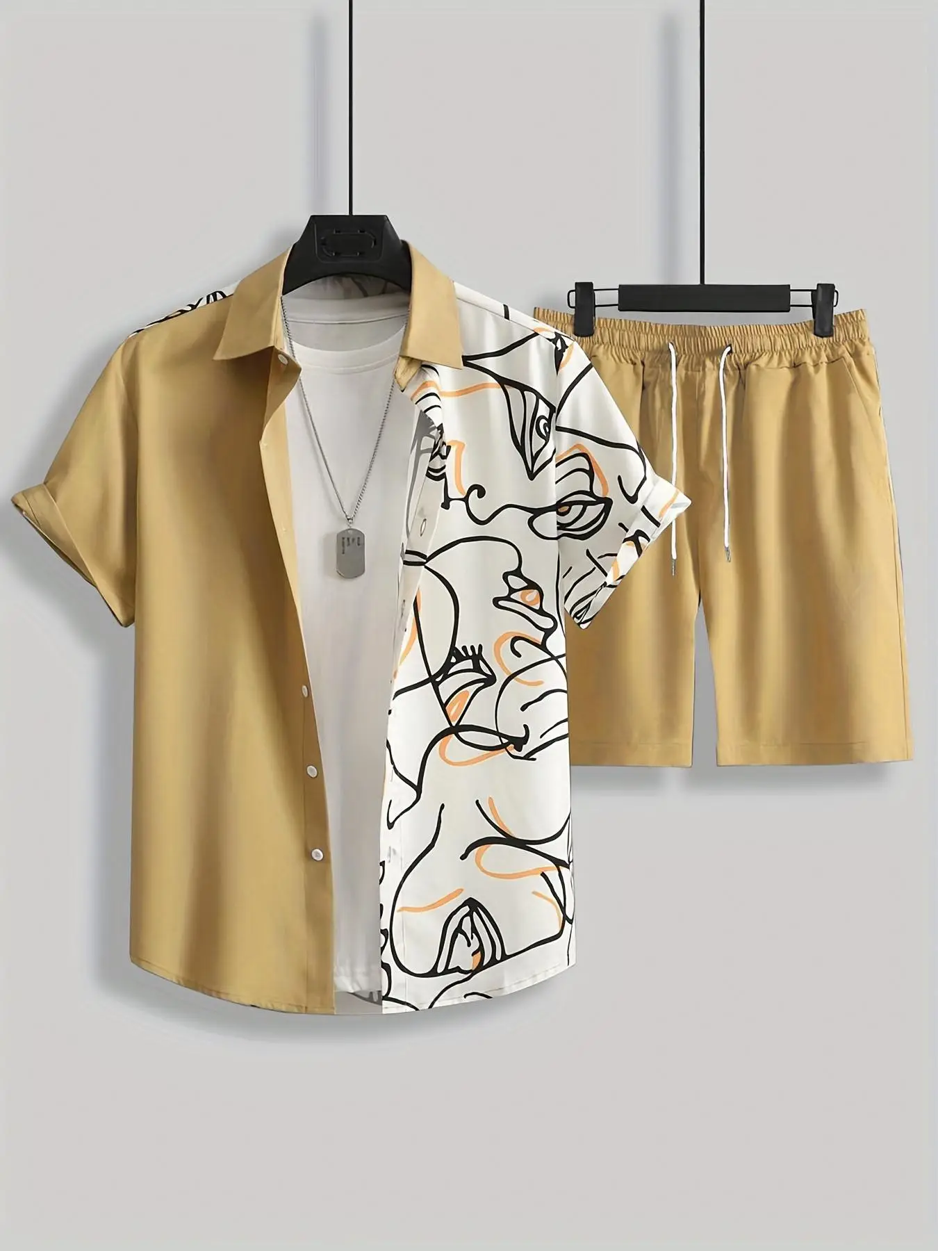 Men's Colorblock Pop Art Print Pocket Shorts Set, Casual Streetwear Button Front Shirt & Drawstring Waist Shorts For Beach Vacation, Summer Clothes