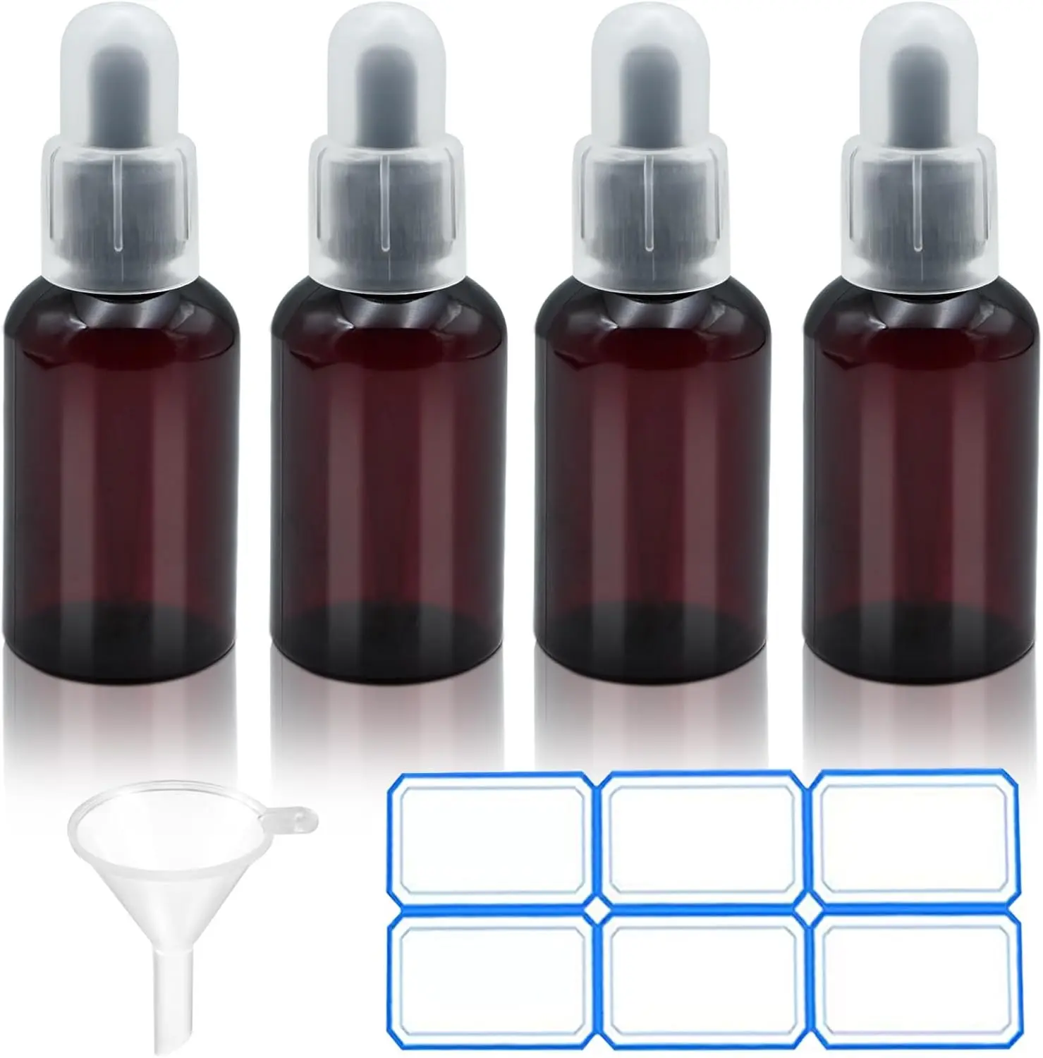4 Pack 2 Oz (50ml) Amber Essential Dropper Bottles | Plastic, with Tags and Funnels, Empty Leak-Proof Containers for Essential Oils, Watercolor Paints,