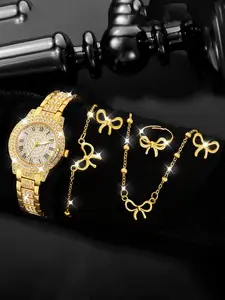 Women's Quartz Watch Set with Butterfly Bracelet Necklace Ring Earrings, Stainless Steel Strap, Perfect Gift for Her