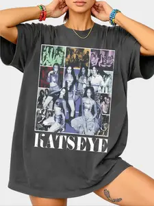 KATSEYE Collage Art Graphic Distressed Gray Loose T-shirt (Girl Group Stage Visual Style), Streetwear Street Hip-hop Style KATSEYE Group Portrait of Members