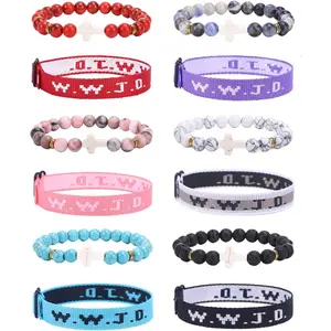 WWJD Braided Rope Bracelet Cross Pendant Beads Stretch Bracelet for Women Men What Would Jesus Do Religious Jewelry Gift 12-Piece Set