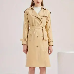 Women’s Elegant Belted Lapel Trench Coat, Heavy Winter Long Coat, Casual, Solid Black, Tailored Fit, Non-Stretch Outerwear, Women’s Clothing, Khaki/Black/Brown, Sizes S–2XL